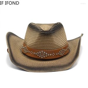 Beretten zomer westerse cowboy hoed voor mannen vrouwen brede riet strom strand pet buiten wind lanyard zon panama hatsberetten oliv2222