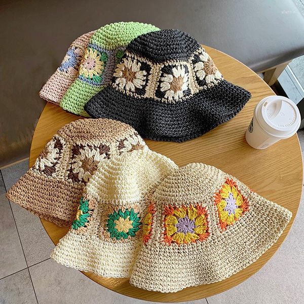 Bérets été femmes à la main Panama tricoté Crochet fleur chapeau de soleil mode plage crème solaire pêcheur extérieur casquette Gorras 2023