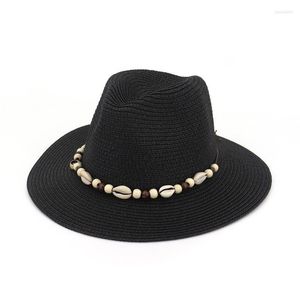 Beretten Zomer Women Wide Brim Straw Fedora Hat With Shell Decoration for Fashion Ladies Plain Jazz Beach Female Party Holiday Hatberets Wend