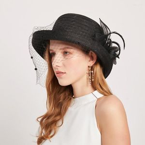 Bérets chapeau de soleil chapeaux de mariage grand bord fleur couture réglable à la mode habiller doux bord roulant Net fil femmes pour