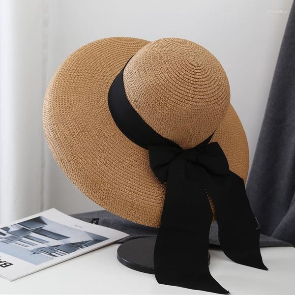 Boinas sombreros de sol para mujer Vintage Hepburn negro sombrero de paja sombrilla protector solar vacaciones playa mujer verano ala grande