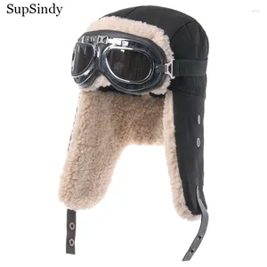 Bérets Supsindy Menwomen Bomber d'hiver à vent avec des lunettes avec des lunettes de laine d'agneau chaud Pilot Earflap thermique Snow Cap Army Military Ushanka