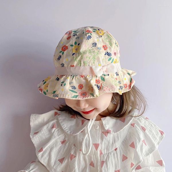 Boinas dulce sombrero de cubo para niños niña verano protección UV dibujos animados bebé niñas floral arco al aire libre sombreros de sol gorra con cuerda niños