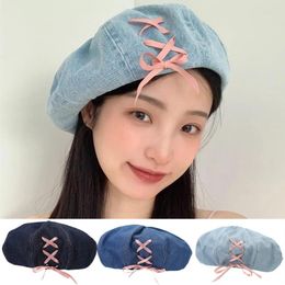 Berets Sweet Denim Bow Femmes Coton Breatte Rose Bowknot Hat octogonal Girls Coréen Corée de peintre polyvalent rétro Corée
