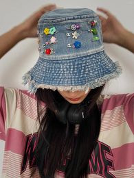 Bérets Chapeau de pêcheur en denim doux avec bordure fille mode broche de bricolage à la main perles colorées Y2k casquettes de soleil d'été