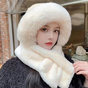 Bérets Design de mode doux Protection d'oreille avec écharpe hiver femmes chapeau en peluche 2-en-1 ensemble coréen chapeaux de bombardier