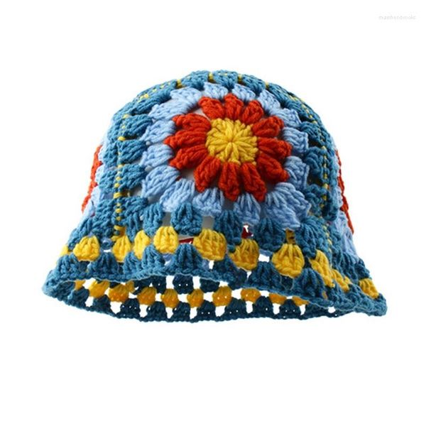 Boinas Sweet Girl Crochet Bucket Hat Ladies Fisherman Cap con patrón de flores Mujer Adolescentes Casual Summer Sunproof