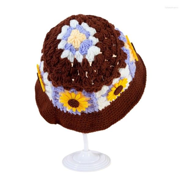 Boinas Sweet Girl Crochet Bucket Hat Ladies Fisherman Cap con patrón de flores Mujer Adolescentes Casual Summer Sunproof R7RF