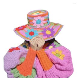 Bérets Sweet Girls Crochet Bucket Hat Ladies Cowboy avec Flower Pattern Femme Adolescents Casual Summer Dropship