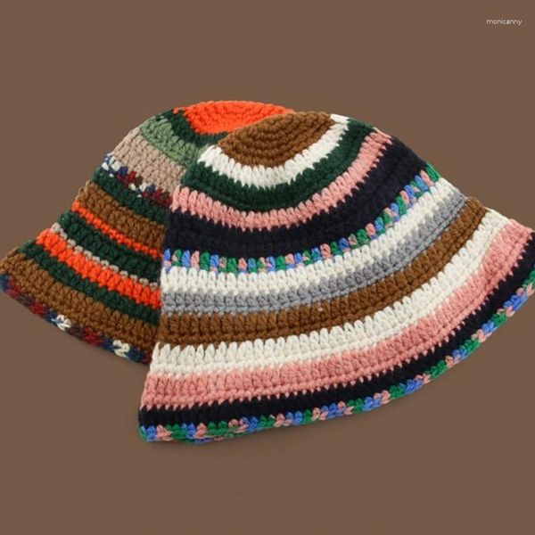 Boinas Sweet Girls Crochet Bucket Hat Ladies Fisherman Cap Color Matching Mujer Adolescentes Casual Invierno Mantener caliente