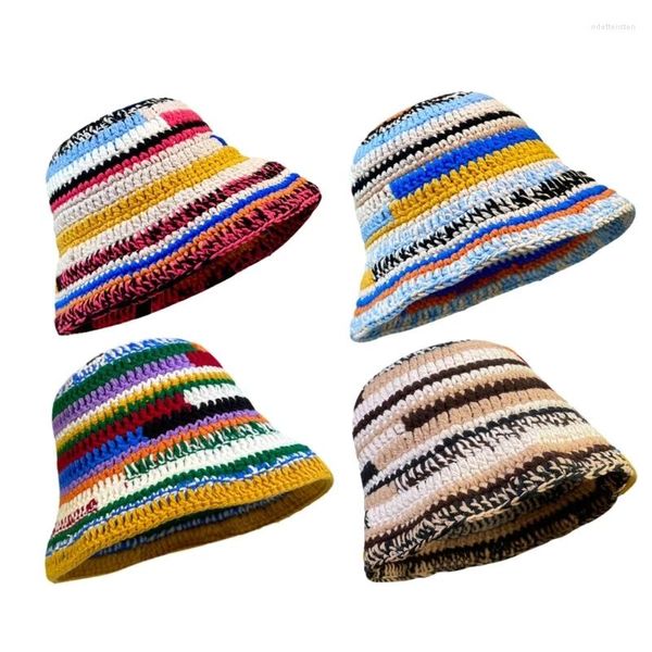 Bérets Sweet Girls Crochet Stripe Match Bucket Hat Ladies Fisherman Couleur assortie Femme Adoles