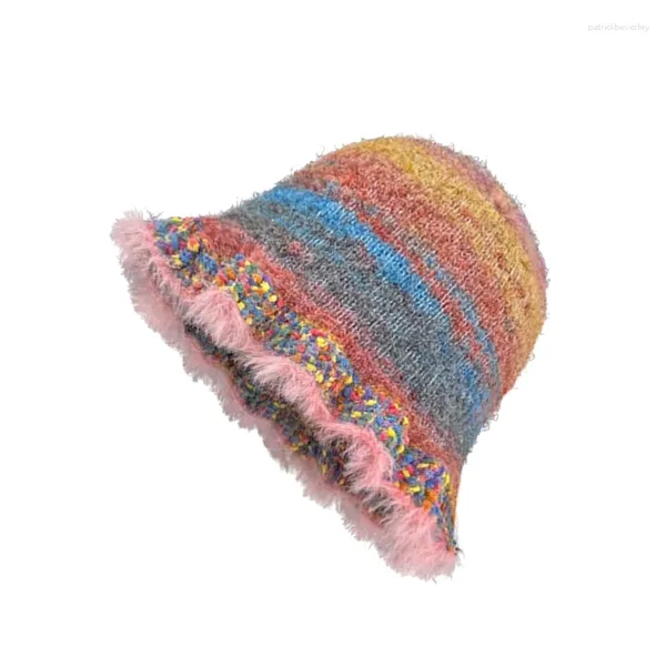 Bérets filles douces crochet rayé peluche seau chapeau dames pêcheur casquette couleur correspondant femme adolescents hiver coupe-vent