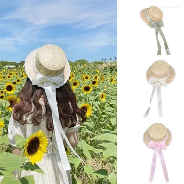 Bérets Tea Party Sun Hat Summer Straw Beach Bows Wide Brim Boater Ribbon Femmes Dropship