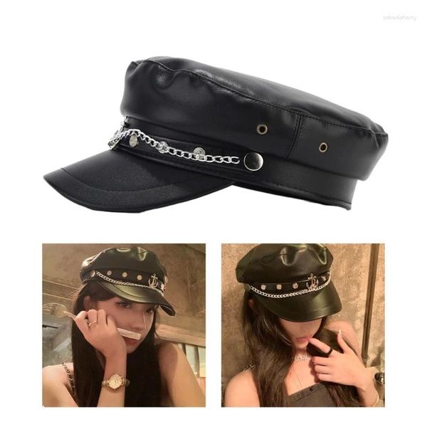 Bérets Adolescents Alliage Badge Chapeau Carnaval En Plein Air Militaire PU Pour Femmes Coupe-Vent Accessoires De Cheveux