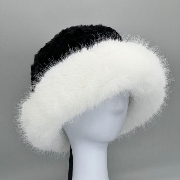 Bérets épais fourrure chapeaux pour femmes 2023 moelleux hiver casquette Femme Bonnets bonnets noir blanc Faux peluche russe Femme