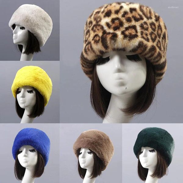 Boinas gruesas peludas diadema rusa sombrero de piel sintética para mujeres niña al aire libre invierno cálido cúpula sombreros gorra esquí estampado de leopardo gorro