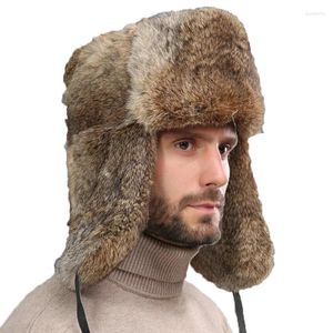 Bérets épais chaud Bomber chapeau hommes vraie fourrure oreillette trappeur extérieur casquette russe mâle grande taille chapeaux d'hiver masque de Ski