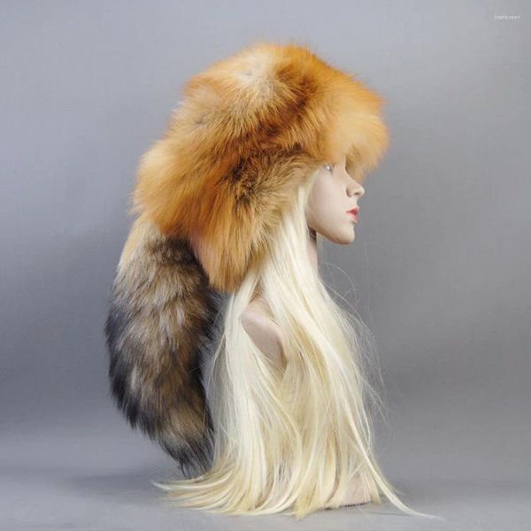 Bérets épaissi neige en plein air Style russe casquette d'hiver pour les femmes à la main chaud moelleux femme queue de fourrure naturelle Ushanka chapeau