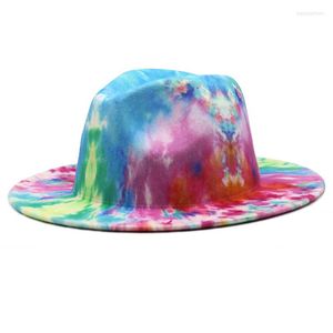 B￩rets Tived Woolen Top Hat Couleur de printemps tweed Ladies Big Brim Jazz Felt Ink Peinture d'impression double face