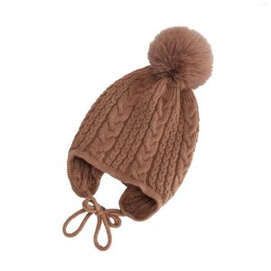 Bérets Toddler Infant Boys Girls Winter Skull Cap Fleece Lined Knitted Kids Hat With Earflap Hats Pom-Pom