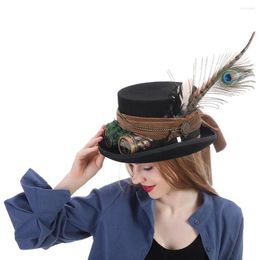 Beretten top 13,5 cm wol zwarte vrouwen mannen Steampunk Hat met handgemaakte bril Gear Feather Fedora Cosplay