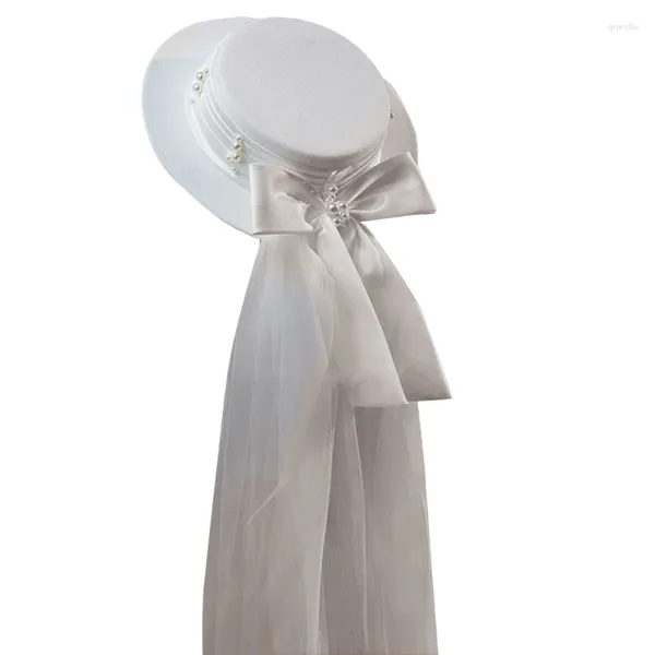 Bérets haut-de-forme et voile pour douche nuptiale, blanc, enterrement de vie de jeune fille, perles françaises à large bord
