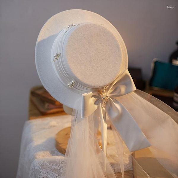 Bérets Chapeau Haut De Forme Avec Voile Perles Françaises Pour Enterrement De Vie De Jeune Fille Élégant Western Bride To Be Drop