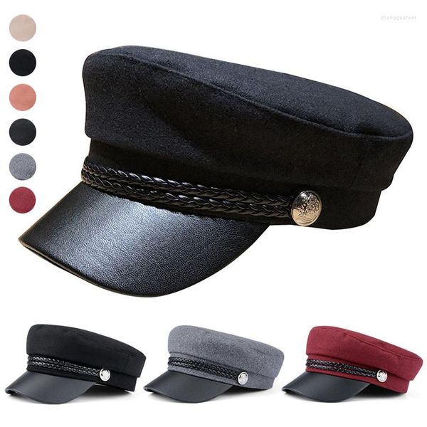 Boinas tendencia sombreros de invierno para mujeres estilo francés lana sombrero militar fresco boina octogonal gorra visera negra gorras casqueta