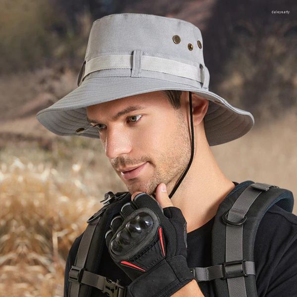 Bérets Chapeau de seau pour hommes à la mode avec ruban circulaire évent en métal respirant randonnée en plein air pêche toit plat grand bord Anti-UV soleil