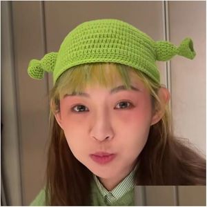 Berets Uni Clava Monster Shrek Hat Halloween Bonnet Hand Made Winter Geknit hoeden Green Party Funny Sklies Beanie Capberets Dro Dhgarden Dhbfk