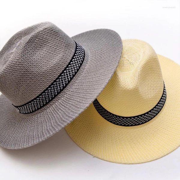 Bérets unisexe plage Trilby grand bord Jazz chapeau de soleil Panama mode été décontracté papier paille femmes hommes casquette avec ruban noir