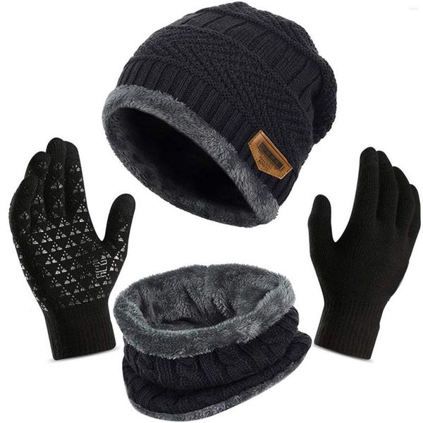 Boinas Unisex Gorros Sombrero Bufanda Guantes Conjunto Invierno Grueso Gorro Cálido Para Hombres Mujeres Gorro Sólido Sombreros Pantalla Táctil Suave Punto