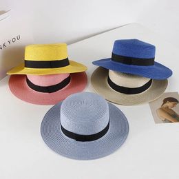 Bérets Unisexe Cowboy Super Qualité Panama Top Plat Summer Sunshade Color Couleur Voyage Ruban Floppy Paille Fedora Hat Cap