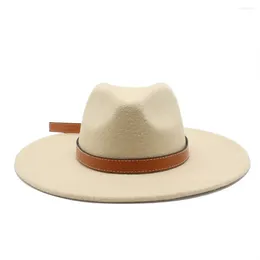 Bérets unisexe Fedoras chapeaux quatre saisons grandes casquettes à bord pour femmes et hommes laine 56-59 cm sangles en cuir imitation décontracté couleur unie