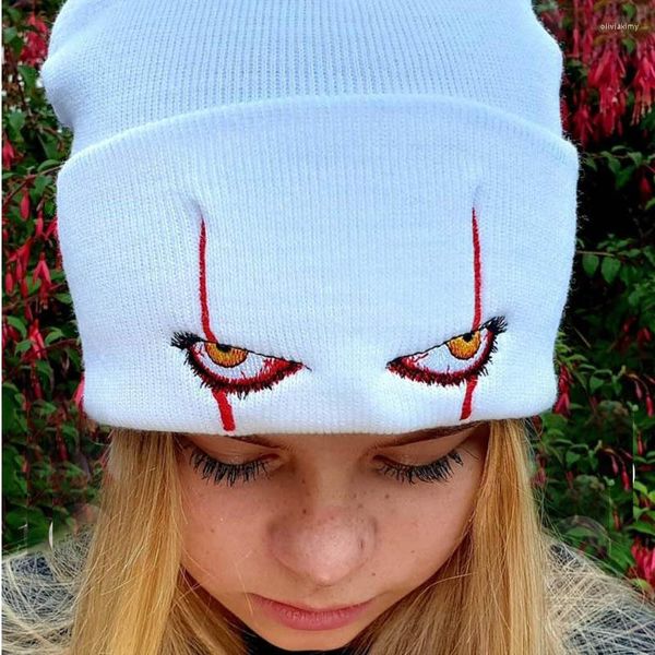 Bérets Unisexe Horreur Clown Eye Chaud Acrylique Bonnet Tricoté Femmes Mode Pull Chapeau Automne Hiver Élastique Skullies Bonnets En Gros