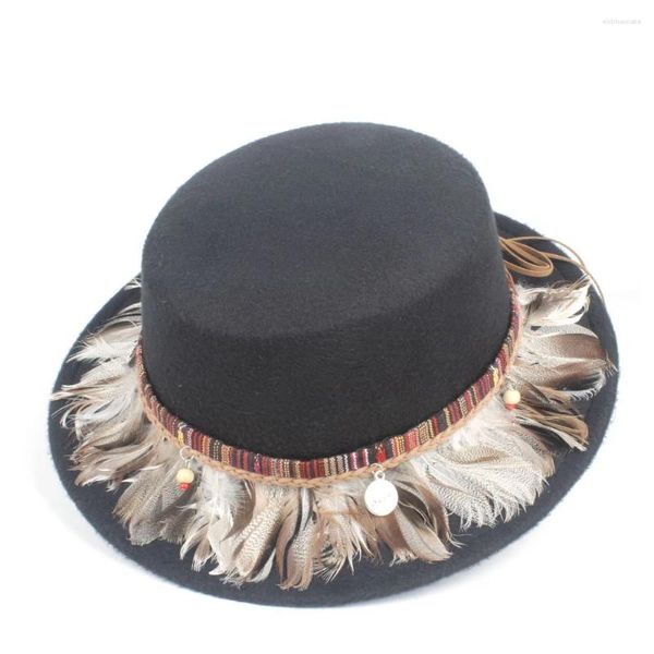 Bérets unisexe hommes femmes mode haut plat Fedora chapeau avec plume fête d'anniversaire Trilby Jazz taille adulte 56-58CM