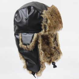 Boinas Unisex Hombres Mujeres Sombrero ruso Trapper Cuero Cálido Trooper Orejeras Invierno Esquí Sólido Fluffy Faux Fur Cap Headwear Bonnet
