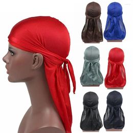 Berets unisex mannen vrouwen satijnen ademende zijdeachtige durag lange staart doo rag piraat hoed hoofdband tulband bandana hoofddeksel