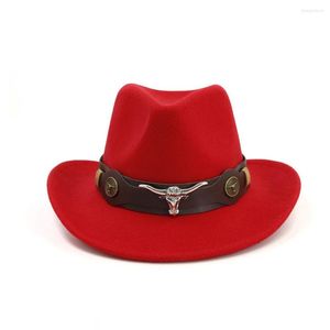 Bérets unisexe hommes femmes laine Western Cowboy chapeau avec tête de vache bande en cuir Sombrero Hombre large bord Jazz taille 56-58 CM