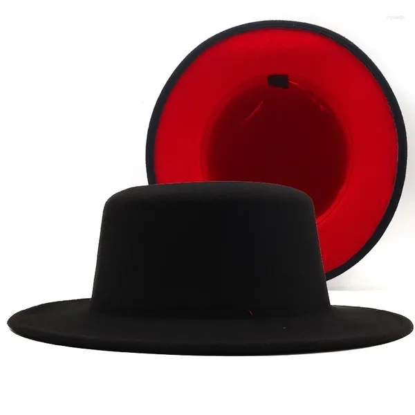 Bérets unisexe extérieur noir intérieur rouge laine feutre Jazz Fedora chapeaux avec boucle de ceinture fine hommes femmes large bord Panama Trilby casquette