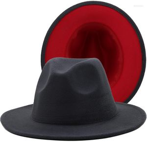 Berets unisex buitenste donkergrijs binnenste rode wol vilt jazz fedora hoeden met dunne riemgespelen mannen vrouwen brede panama trilby cap