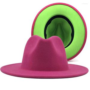 Bérets unisexe extérieur rose intérieur vert laine feutre jazz Fedora chapeaux avec boucle de ceinture fine hommes femmes large bord Panama Trilby casquette L XL