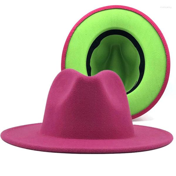 Boinas Unisex Exterior Rosa Interior Lana Verde Fieltro Jazz Fedora Sombreros Con Hebilla De Cinturón Fino Hombres Mujeres Ala Ancha Panamá Trilby Cap L XL