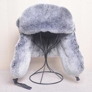 Bérets Unisexe Real REX Fur Bomber Hat Ushanka Cap Trapper Russe Men de ski Chapeaux Ski Caps Mouton en cuir en peau de mouton