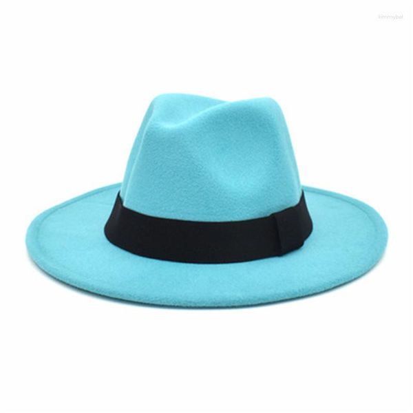 Bérets unisexe printemps couleur unie simple face laine feutre Jazz Fedora chapeaux élégant hommes femmes large bord Panama Trilby casquette en gros