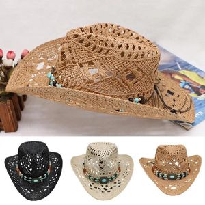 Berets unisex stro cowboy hoed met decoratieve bands holle ademende ontwerp ultralight cowgirl geweven zon