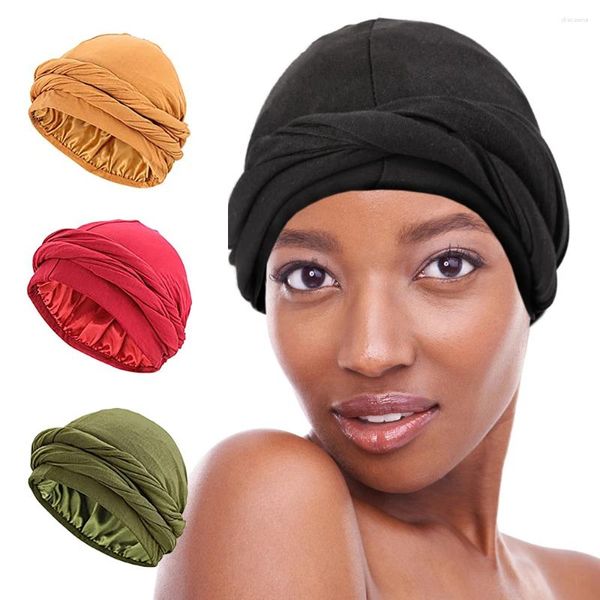 Boinas Unisex Turbante HeadWrap HaloTurban Durag Cómodo Chemo Sombrero Satén Forrado HeadScarf Musulmán Hijab Dropship