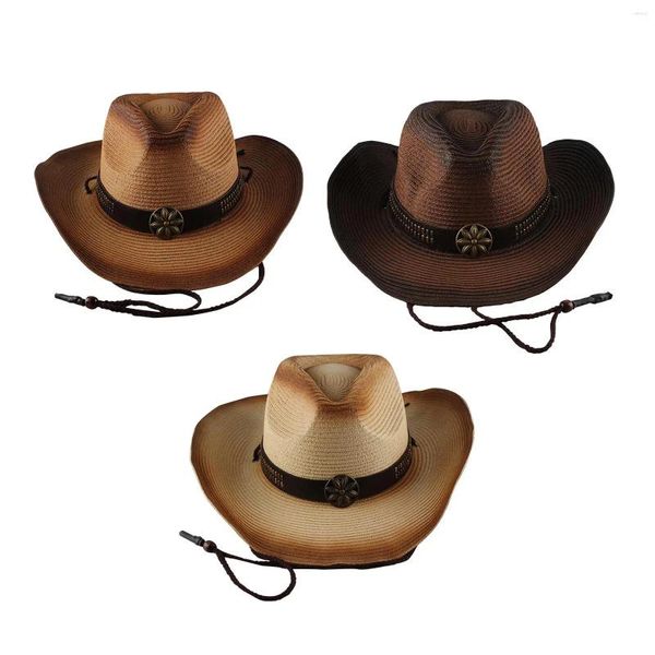 Bérets unisexe Western Cow Boy chapeau à large bord Cowgirl protéger boucle décontractée pour les concerts de festival de musique cadeaux de fête randonnée