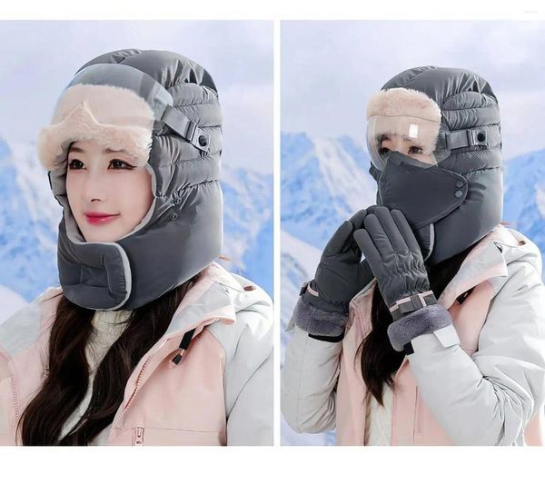 Bérets unisexe chapeau d'hiver gants à écran tactile ensemble lunettes coupe-vent épais oreillette coton bouclier facial casquette homme ski en plein air équipement de cyclisme