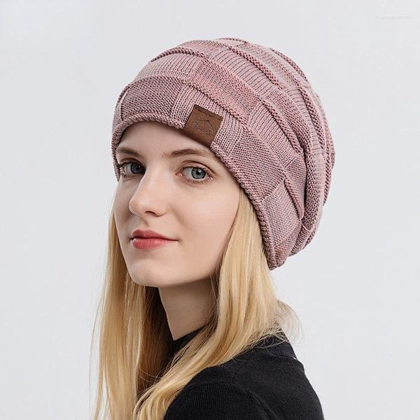 Bérets unisexe chapeaux d'hiver ajouter doublure de fourrure épaissie plus velours pull casquette femmes chaud bonnet décontracté étiquette tricotée